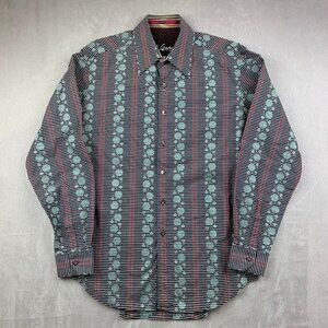 Robert Graham Mens Shirt Medium Black Red Blue Striped Pixel Pattern Button Up
